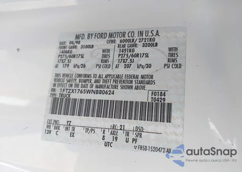 1998 Ford F-150 Lariat/Standard/Xl/Xlt из США, поврежденный, VIN 1FTZX1765WNB80624